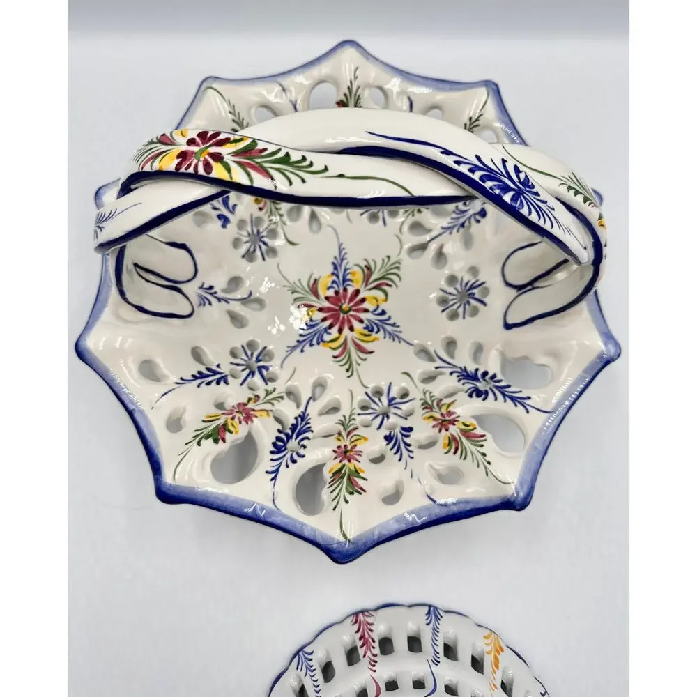 RCCL Ceramic Hand Painted Floral Fruit Basket Braided Handle & Bowl Set Portugal